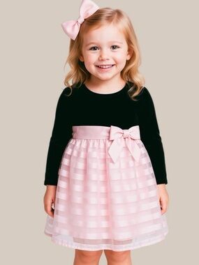 Girls Perfectly Dressed Party Dress Size 5 Black Velvet Pink Satin Bow Holiday
